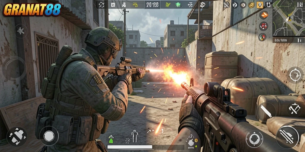 Screenshot gameplay GRANAT88 menampilkan aksi pertempuran TPS yang intens.