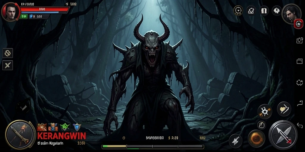 Tampilan gameplay mencekam dari KERANGWIN saat menjelajahi kegelapan.