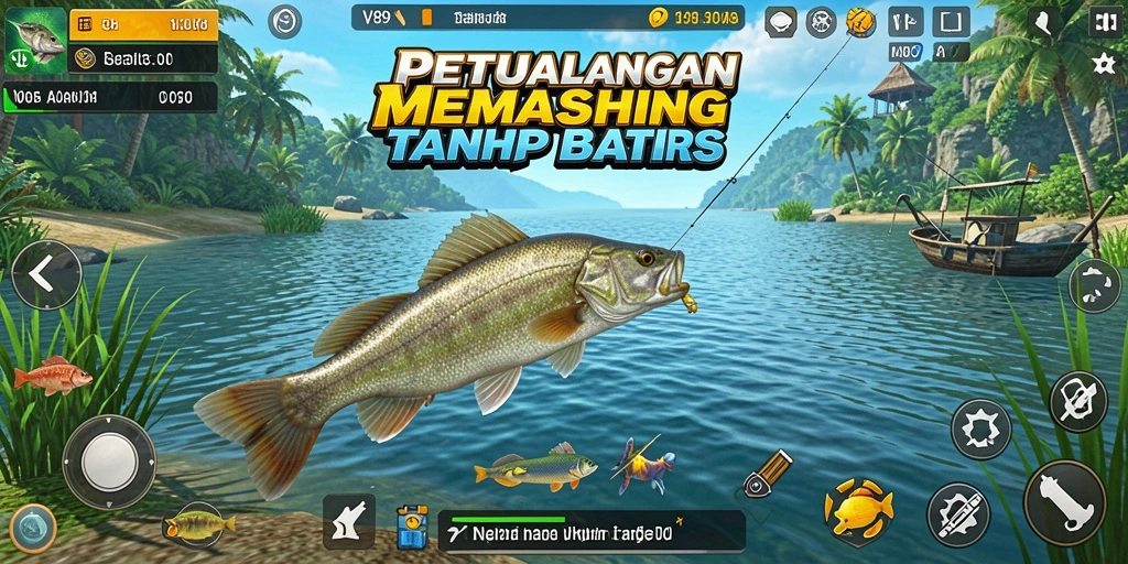 Screenshot gameplay V89 menunjukkan aksi memancing yang mendebarkan.