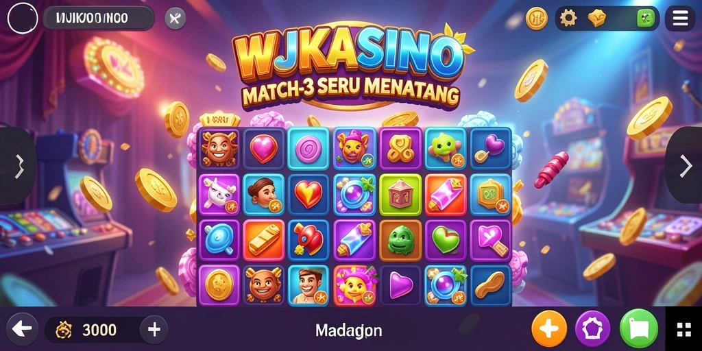 Tampilan permainan Match-3 yang penuh warna dan seru di WJKASINO.